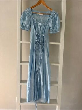 Sleeper Light Blue Lace-Up Puff Sleeve Maxi Dress